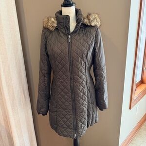 Esprit Puffer Fur Hooded Warm Coat Live Green Zip Up, Size Medium